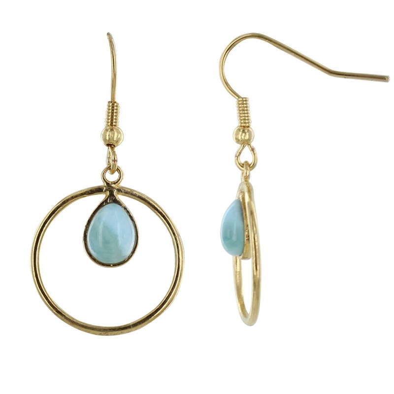 Boucles d'Oreilles Plaqué Or Cercle et Goutte de Larimar