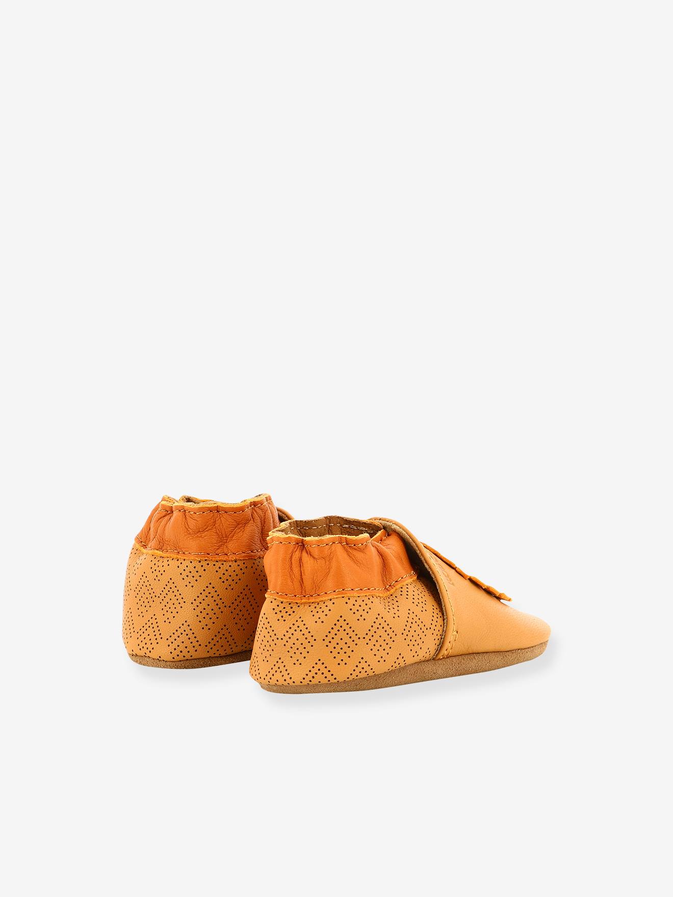 Pantufas de bebê Grooar ROBEEZ© em couro leve, marrom claro liso com estampas.