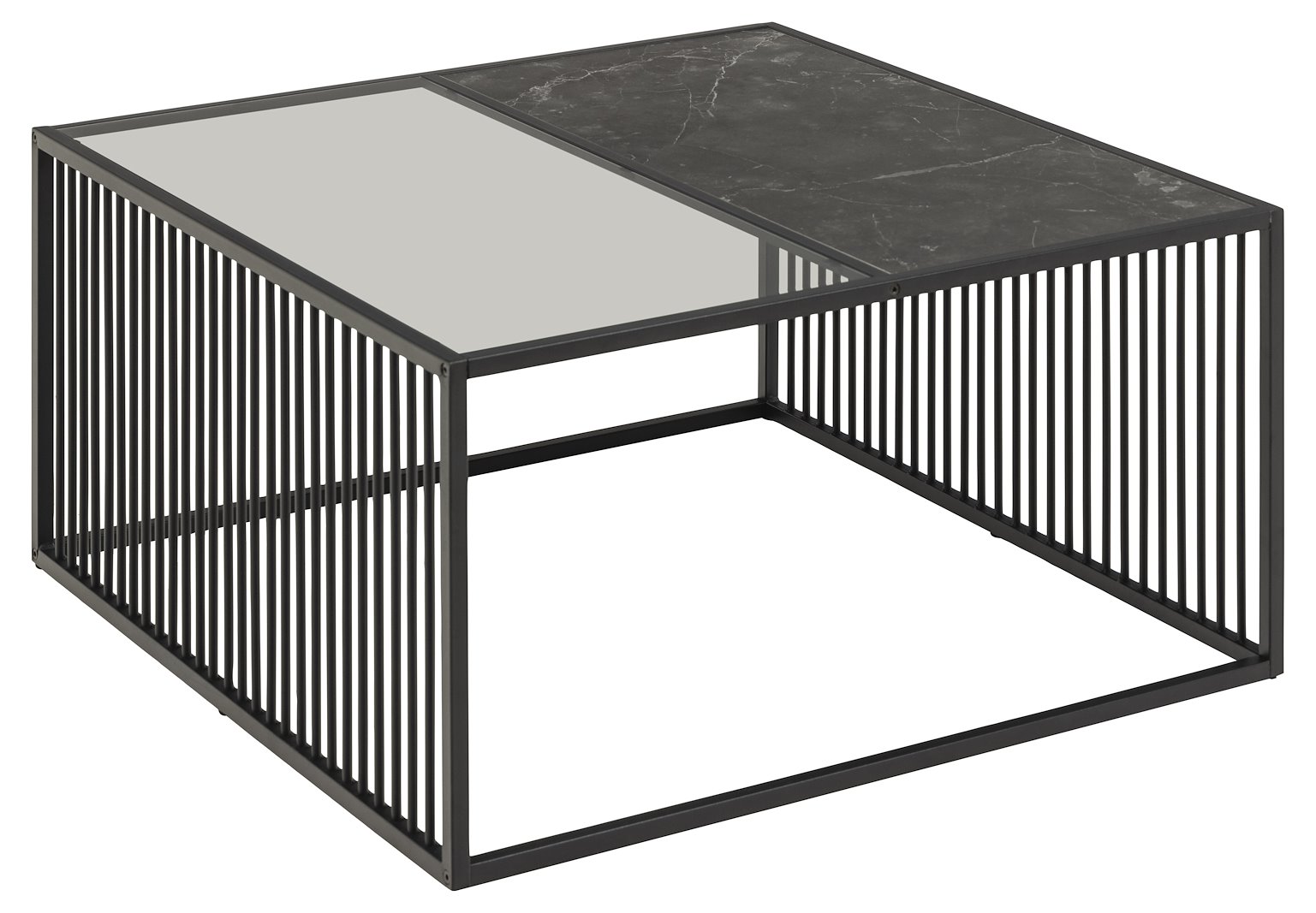 Strington sofabord Sort marmorprint og røykfarget glasstopp med sort trådunderstell. 80x80x40cm