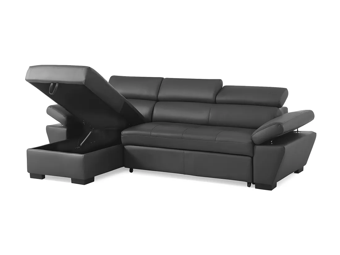 Canapé d'angle gauche convertible en cuir gris anthracite JONOVA