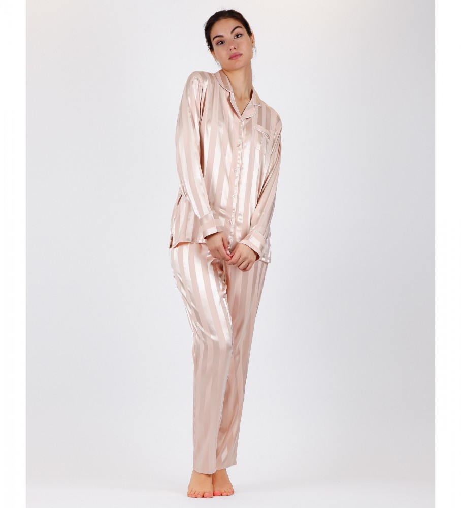 Pijama de noiva aberto Admas com listras de cetim nude