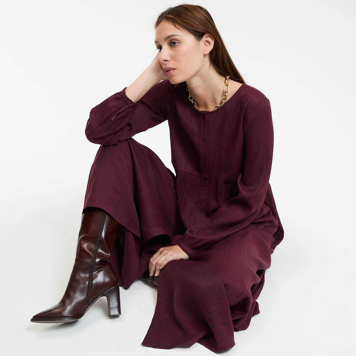 COLEÇÕES LA REDOUTE<br>Vestido longo, mangas compridas. Assinatura SUZIE