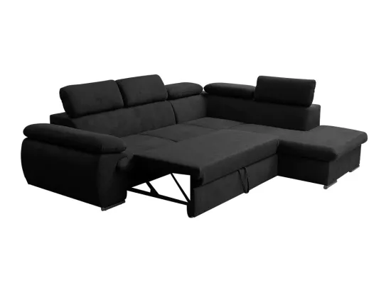 Canapé d'angle droit convertible en tissu noir avec coffre de rangement FABIEN