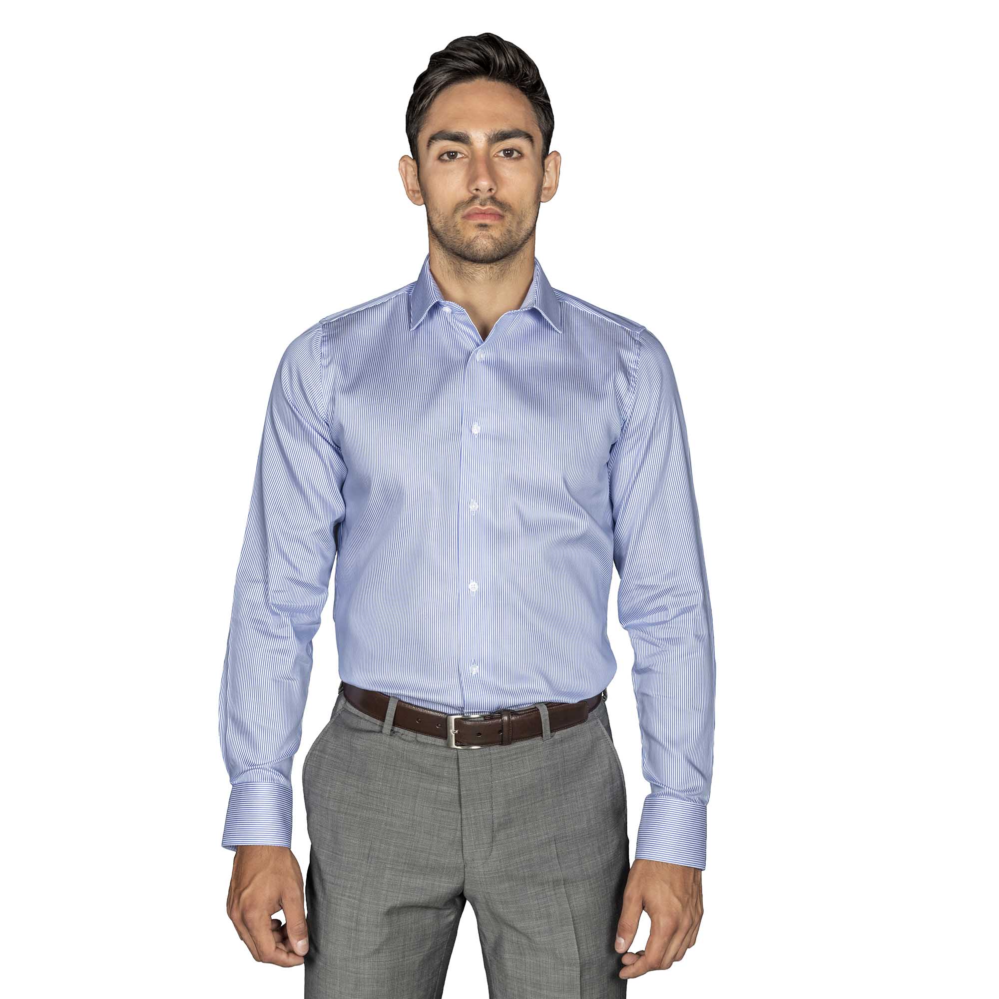 Chemise cintrée sans repassage mille raies bleu