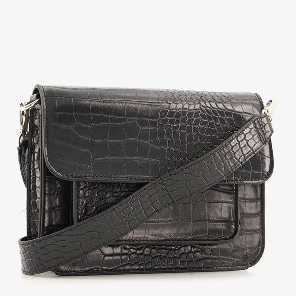 Schoudertas met crocoprint zwart