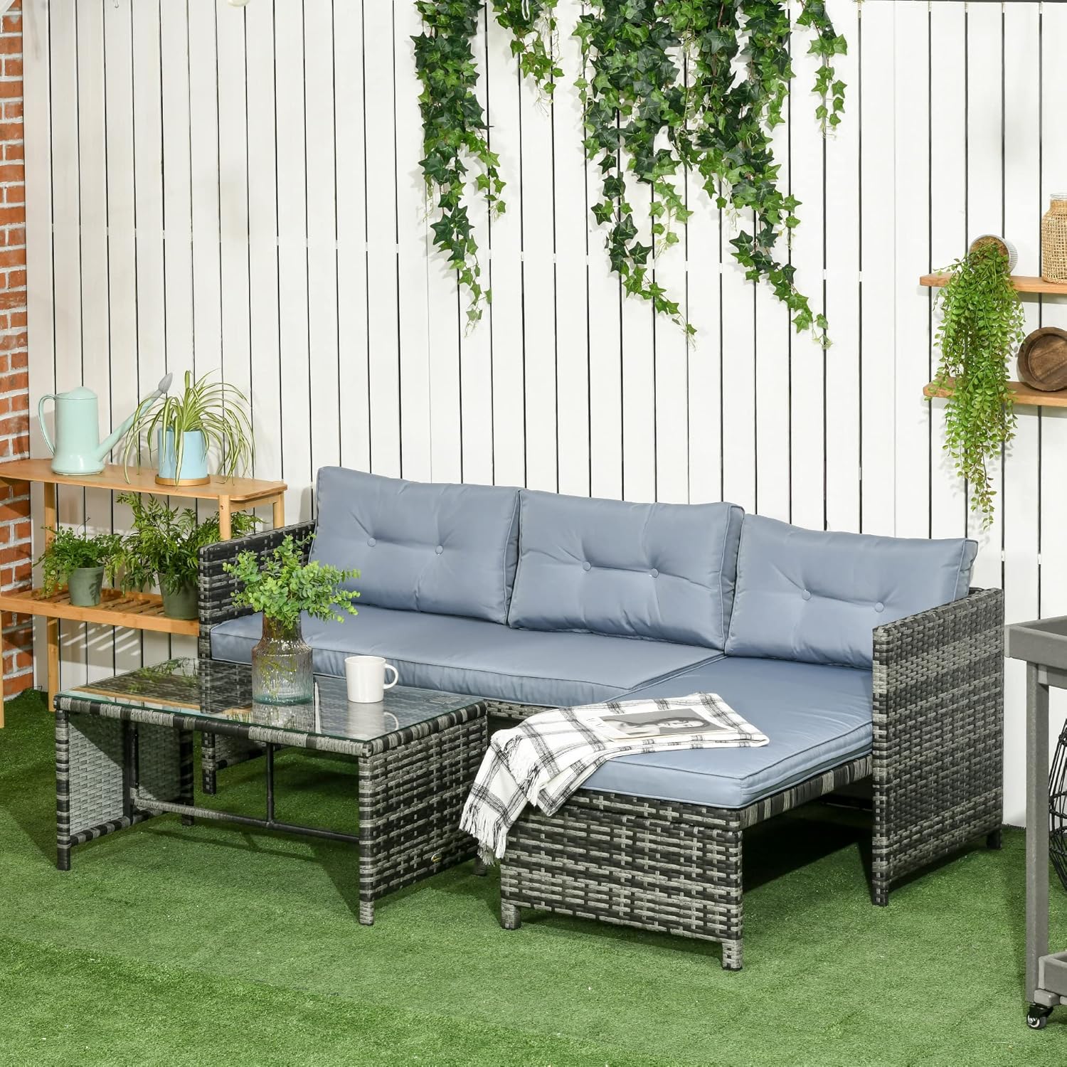 Outsunny Garden Lounge mit 2-Sitzer-Sofa, Chaise Longue und Couchtisch, PE Rattan und Glas Garten-Set mit Kissen, Grau