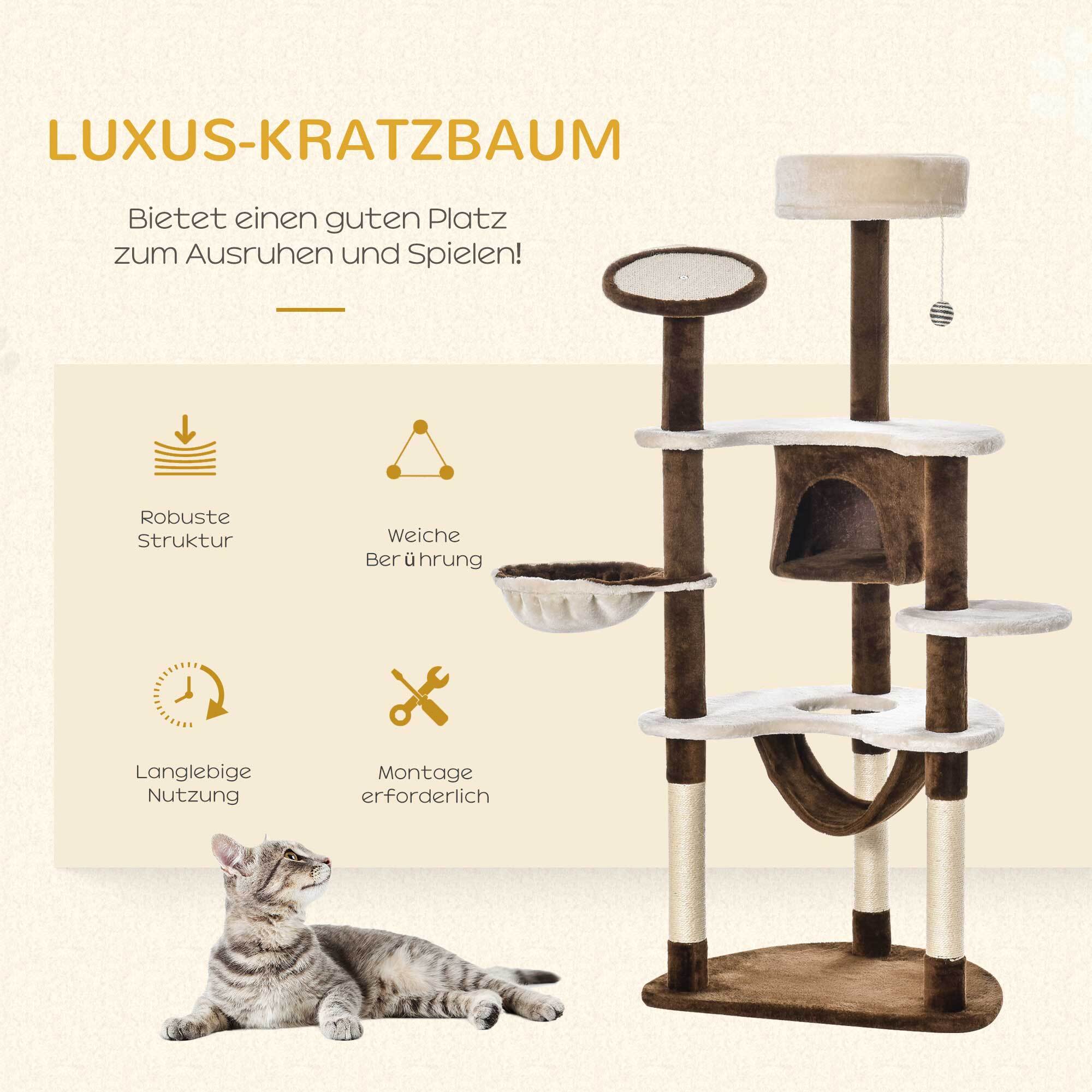 PawHut Katzenbaum mit Sisalsäulen cremeweiß, kaffeebraun 65 x 50 x 153 cm (LxBxH)