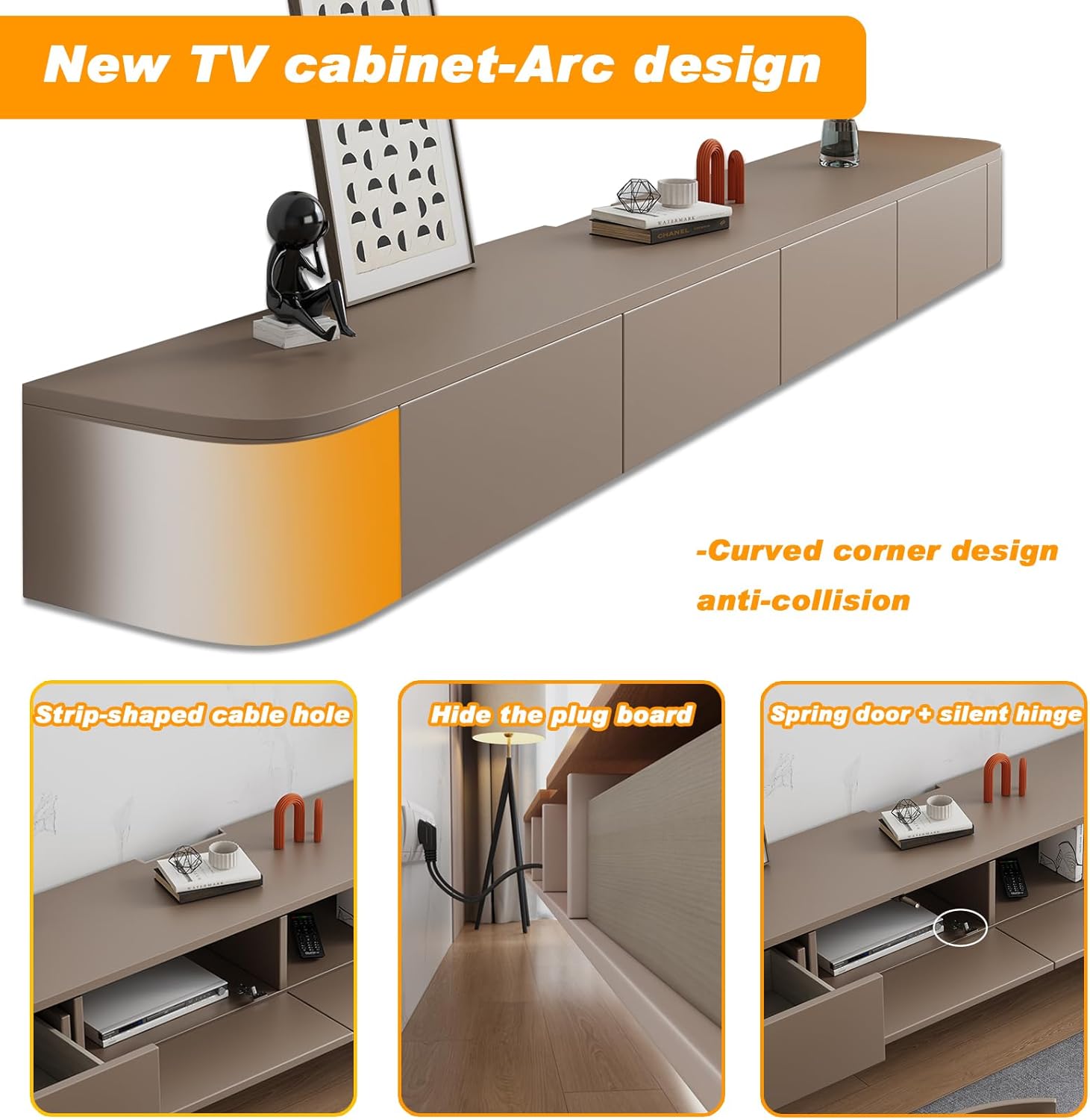 Schwebender TV-Ständer mit Türen, große Aufbewahrungs-TV-Regale und Konsole, wandmontierter TV-Schrank unter dem Fernseher (Khaki, 120CM/47,2
