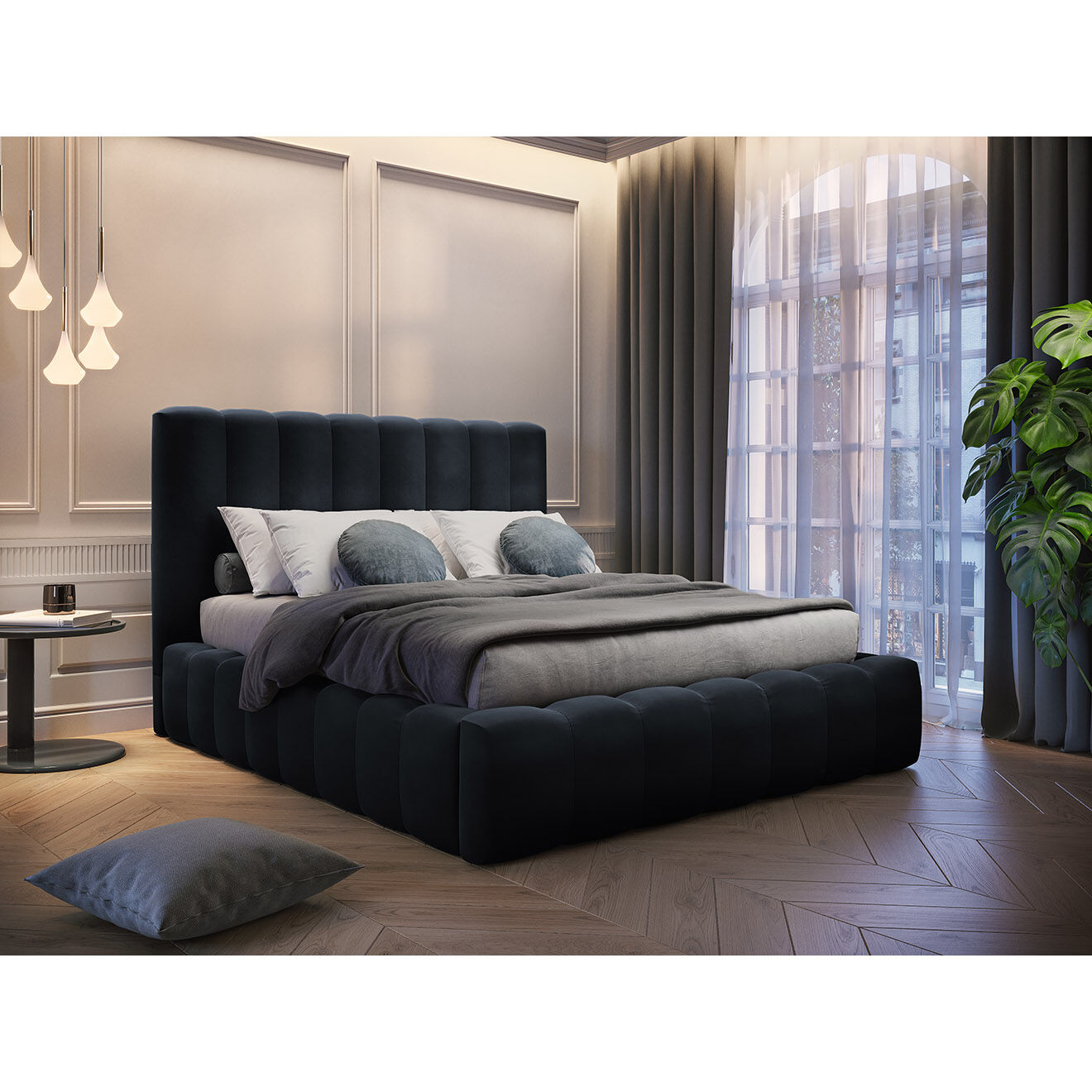 Milo Casa Lit Coffre en Velours avec Tête de Lit Gina bleu foncé - 180x200 cm