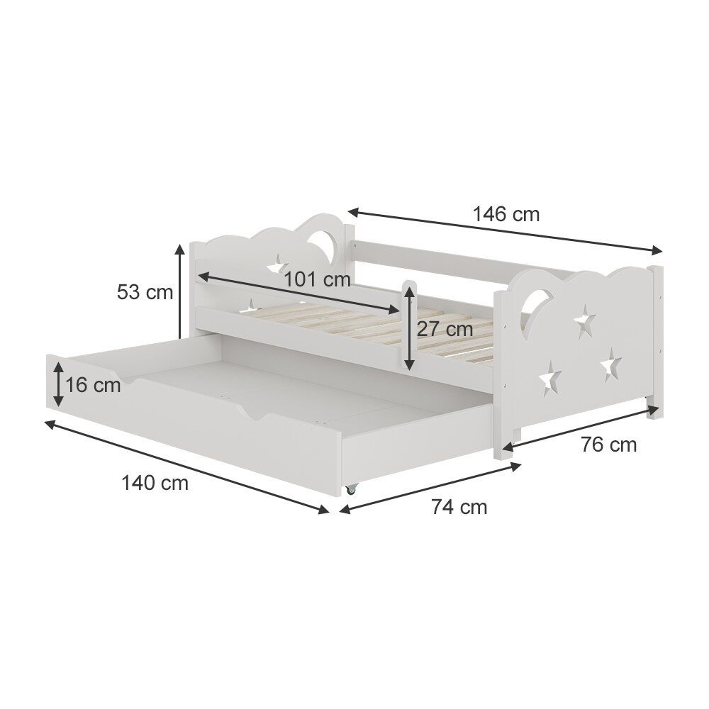 VitaliSpa Kinderbett Einzelbett Juniorbett Jessica Weiß 140x70 cm Matratze modern Kinderzimmer Bett Bettschublade Rausfallschutz