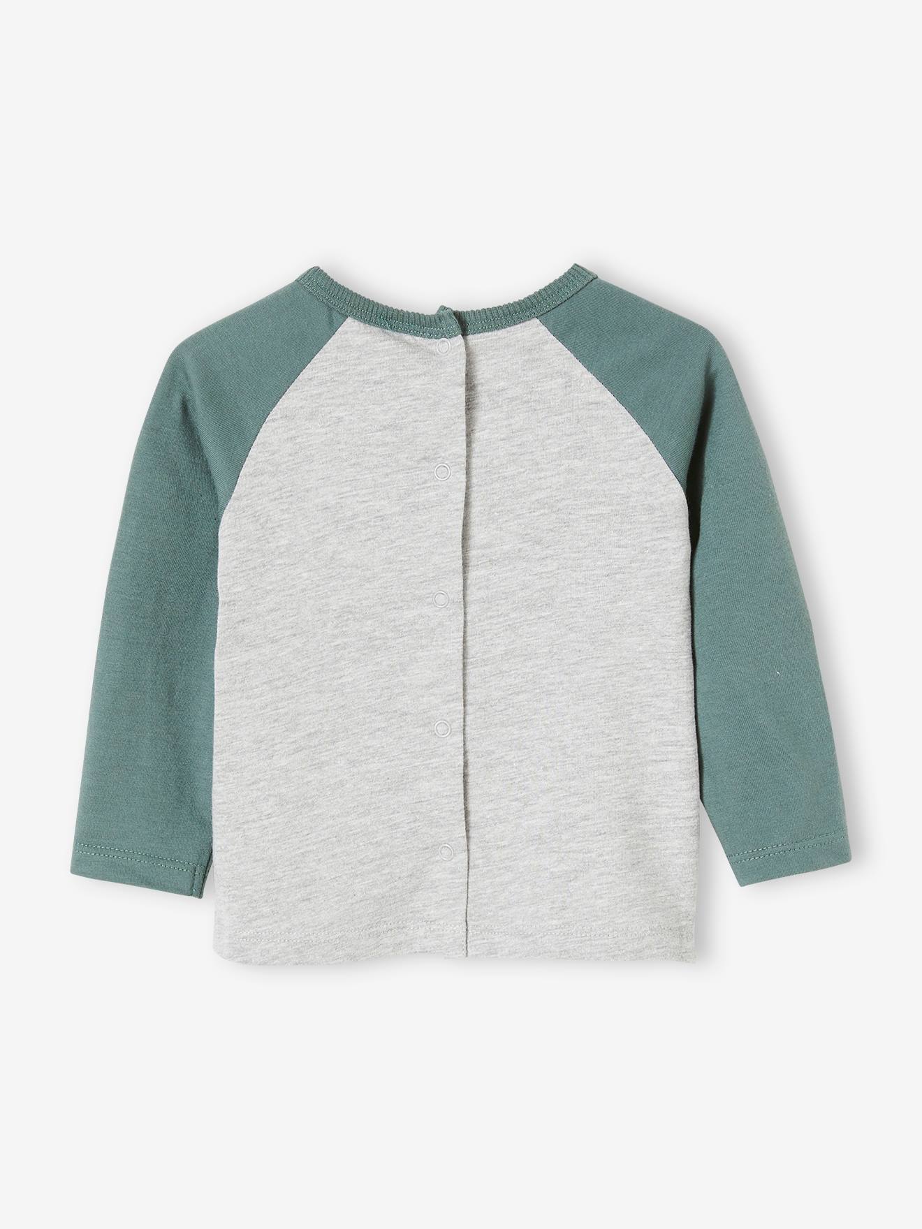Camiseta infantil de manga raglan com blocos de cores, cinza mescla claro.