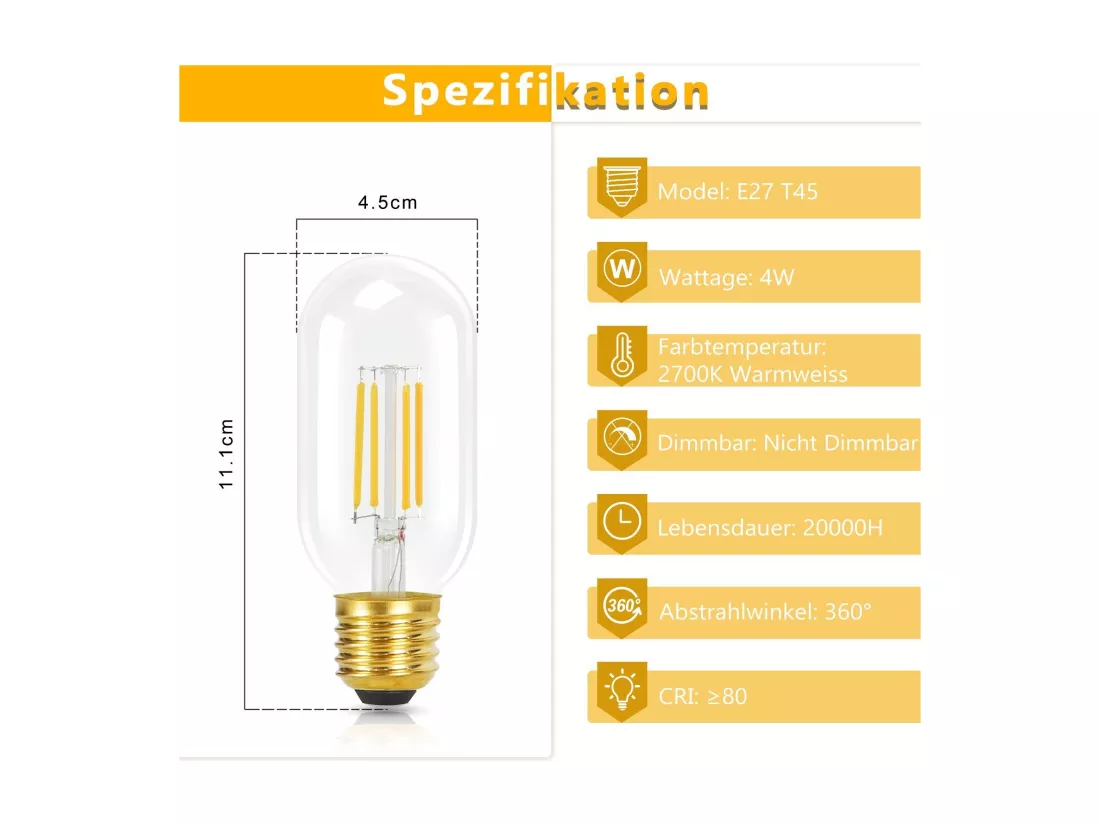 NETTLIFE Lot de 4 ampoules LED E27 blanc chaud vintage ampoules LED T45 4W 2700K lampe à économie d'énergie style rétro Edison verre à filament