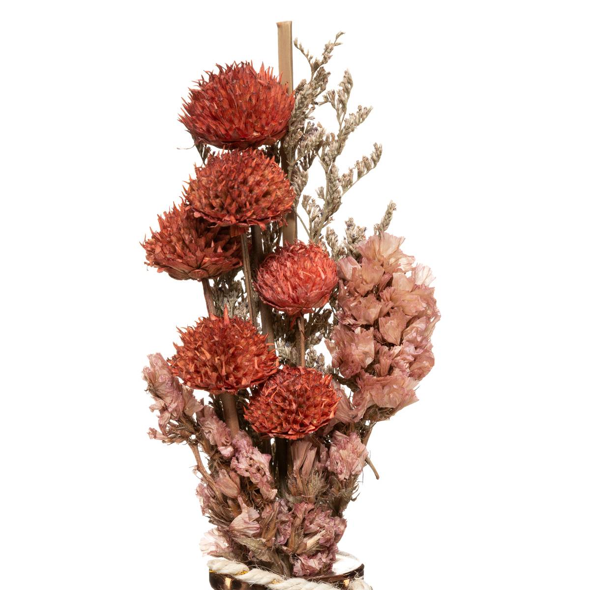 Composition de fleurs séchées vase en verre h 28 cm