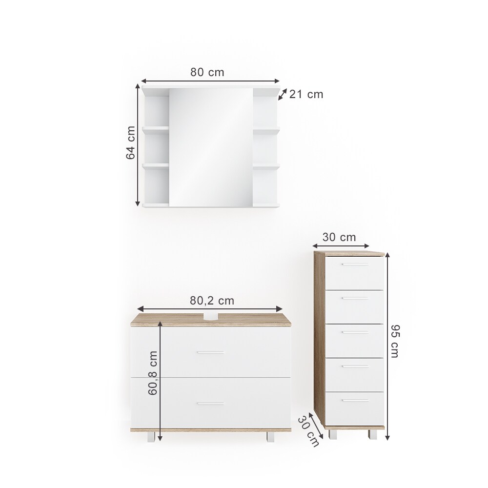 VICCO Badmöbel Set ILIAS Weiß Eiche Spiegel Kommode Unterschrank Badschrank