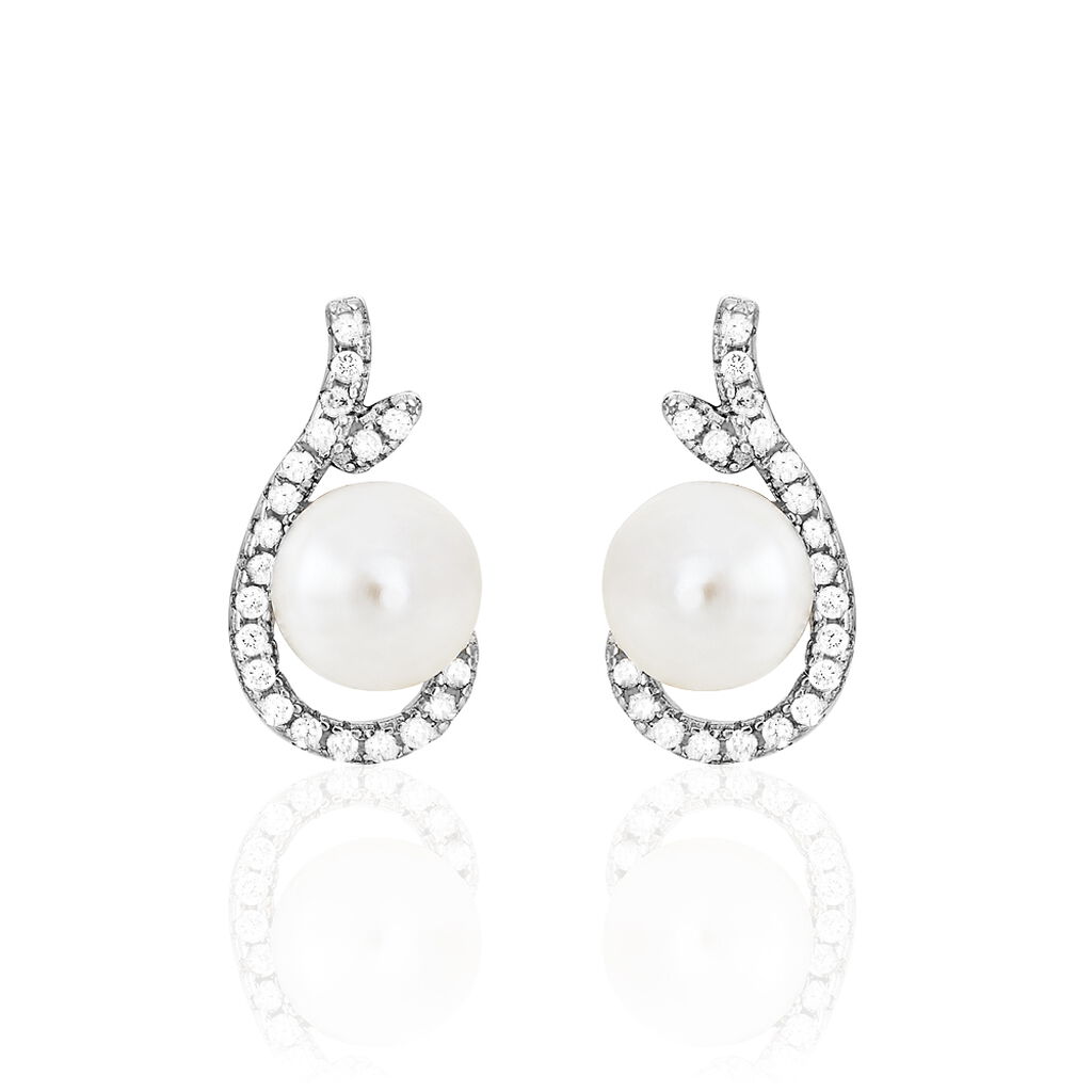 Boucles D'oreilles Puces Cyrana Argent Blanc Perle De Culture Et Oxyde