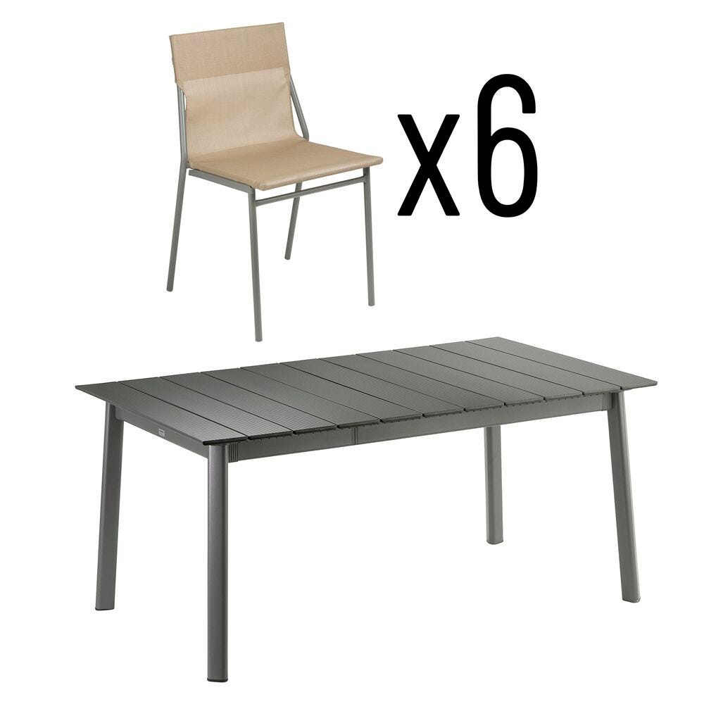 Set 1 ausziehbarer Gartentisch und 6 Gartenstühle Oron Aluminium-Latten Noisette