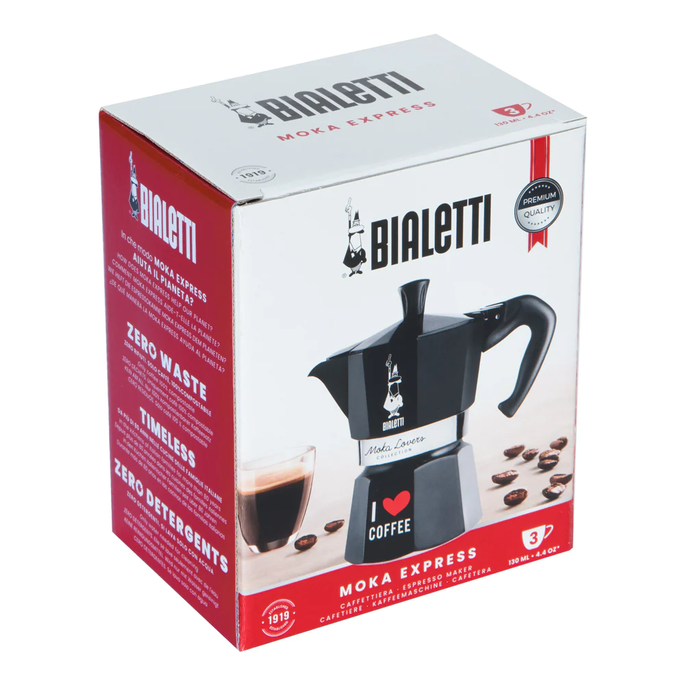 Cafetière Italienne Moka Express I love coffee 3 tasses noire Bialetti