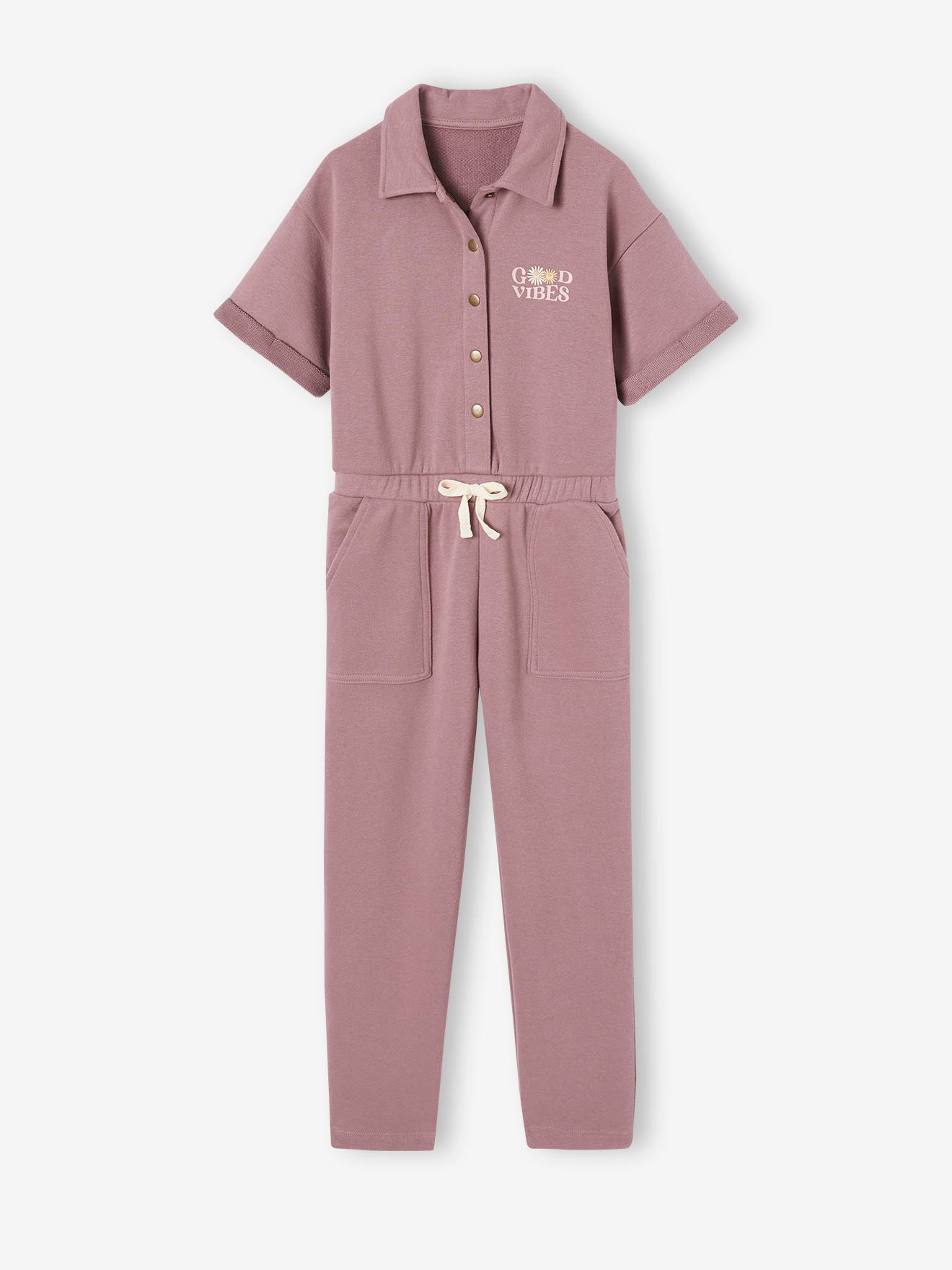 Macacão curto de pelúcia cor malva para meninas