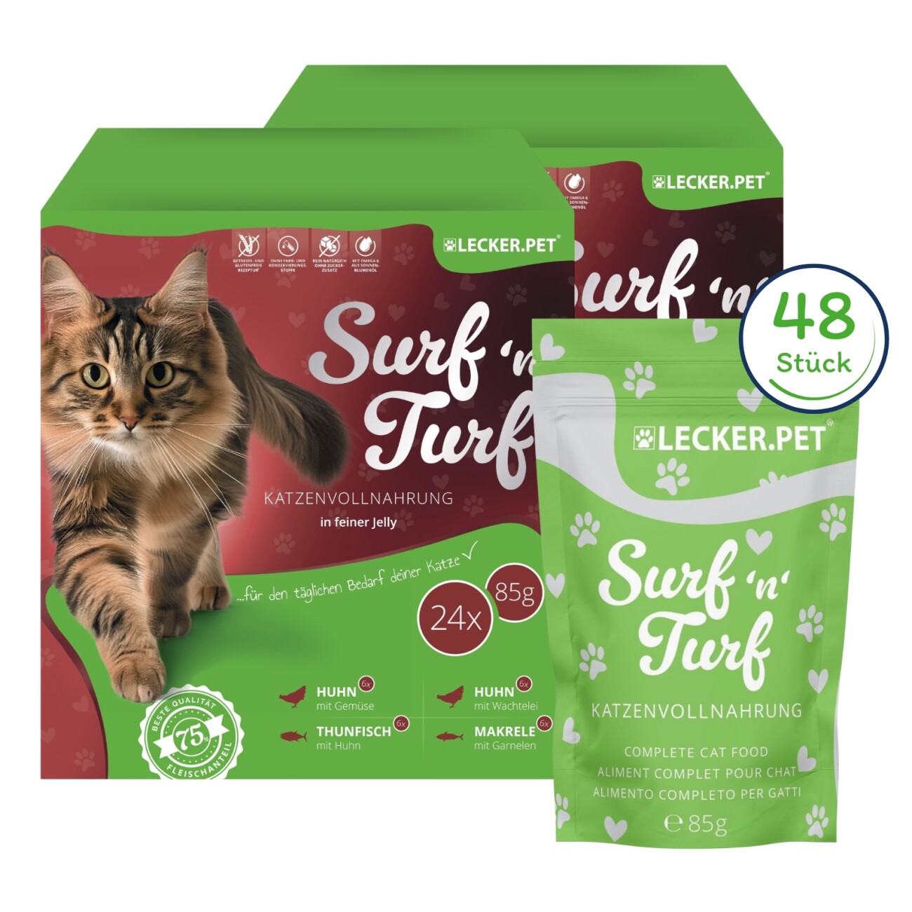 Lyra Pet Lecker.Pet Surf'n'Turf Pouches Katzenfutter in feiner Jelly Nassfutter 4er Mix Multipack