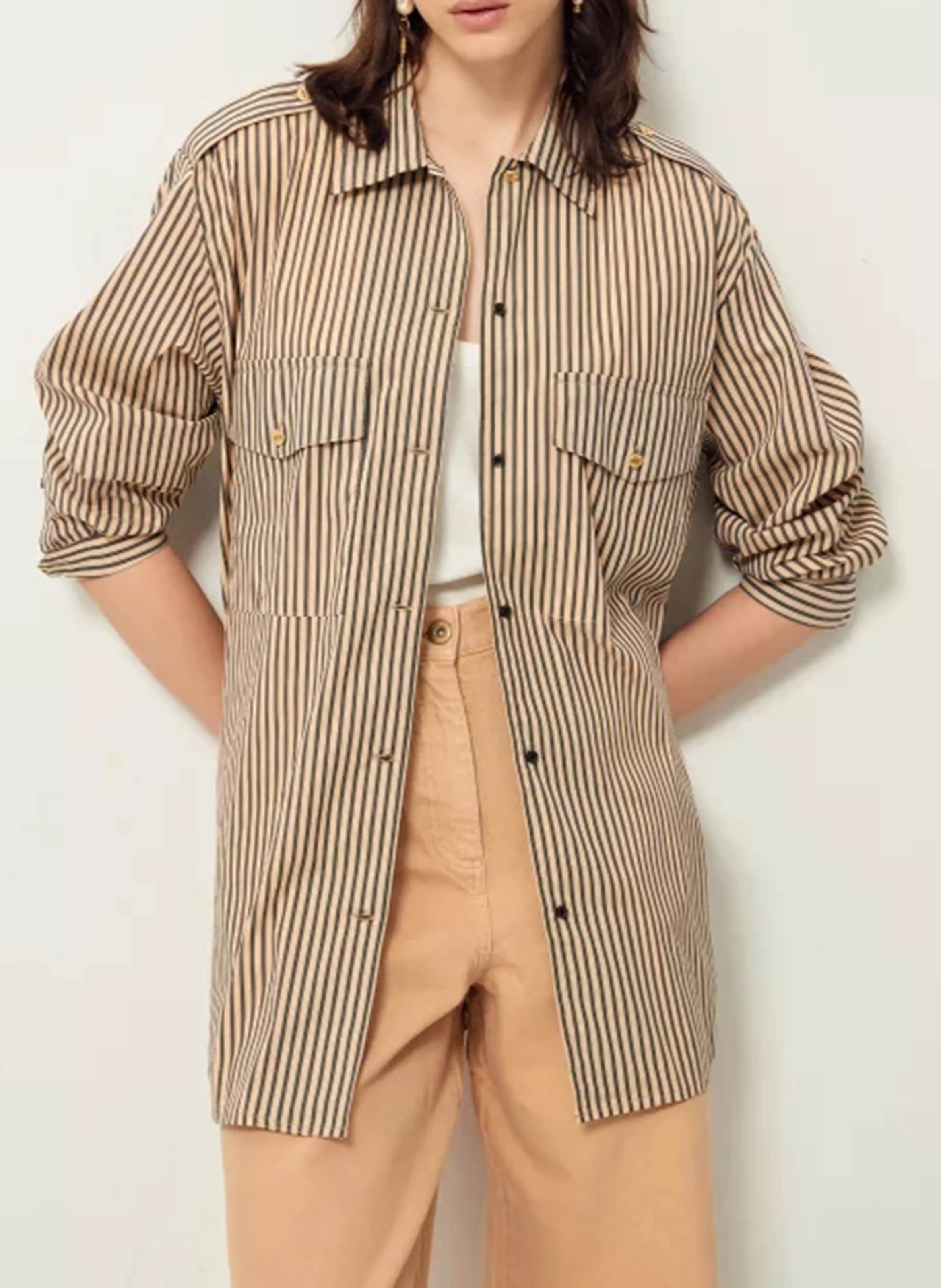 EMITA - Chemise longue col classique à rayures en coton mélangé | Rose