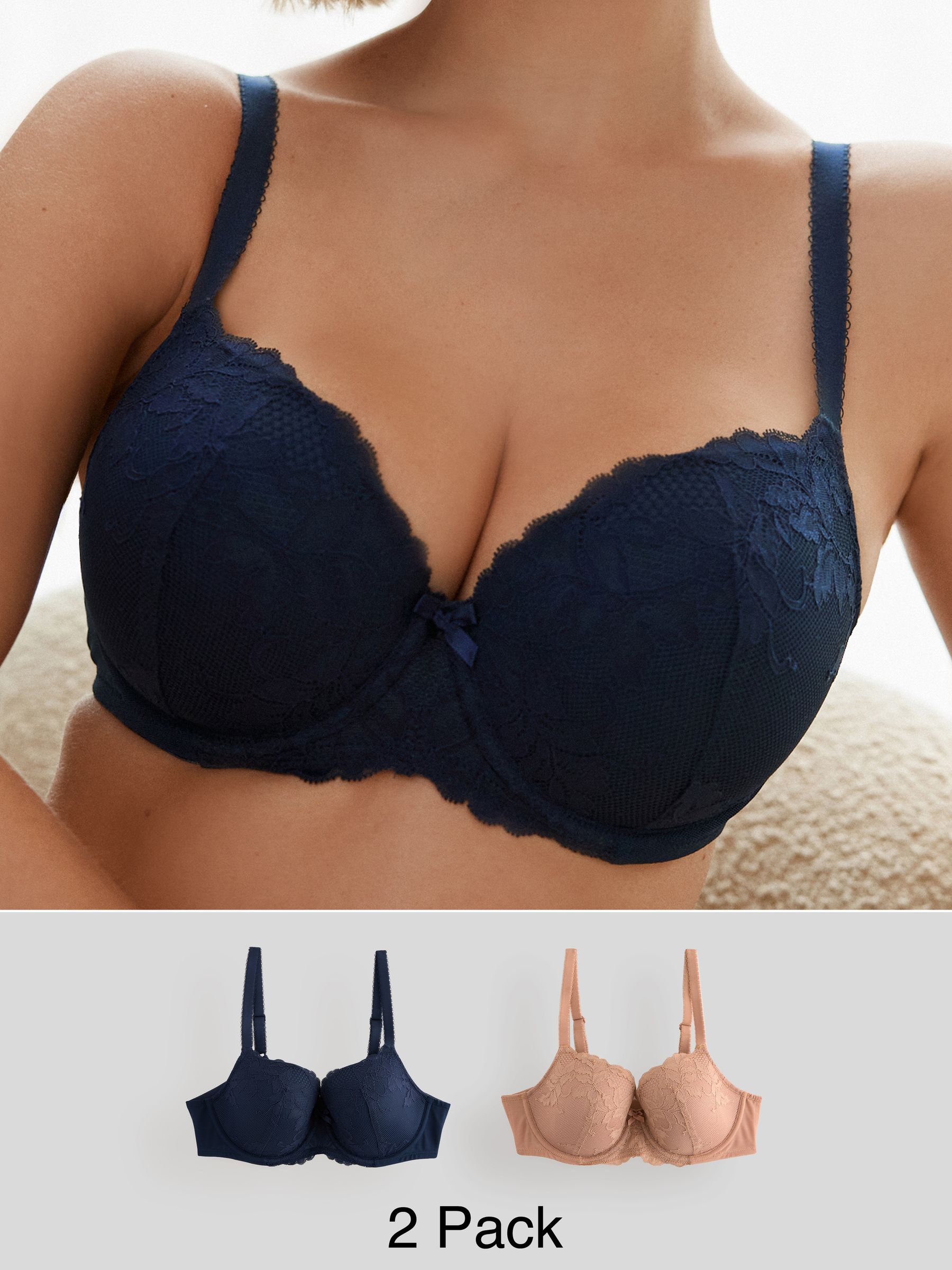 Praline huidskleur/donkerblauw - Verpakking van 2 kanten beha's cup DD+