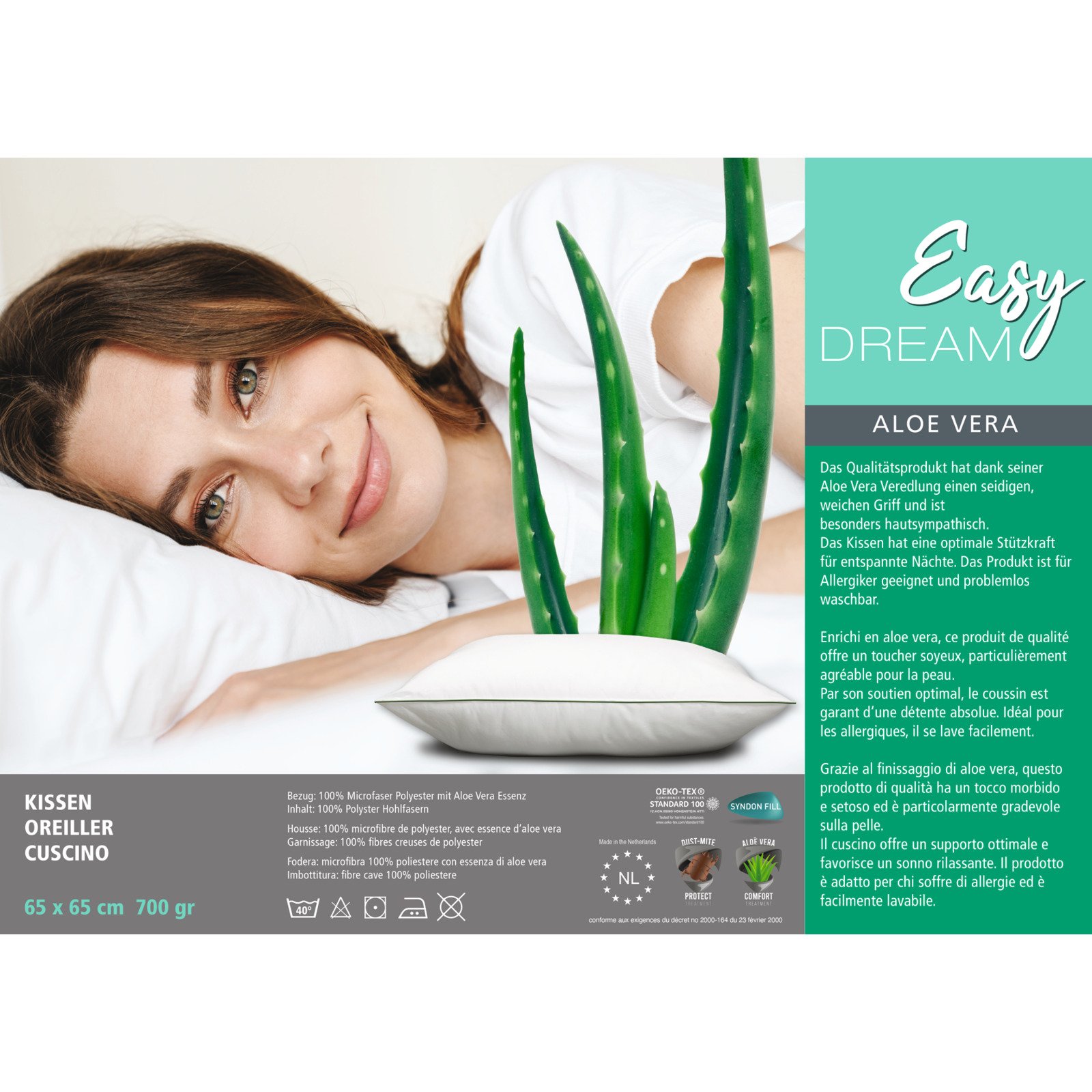 Easy Dream Kopfkissen aus Synthetik mit Aloe Vera Finish 65x65 Kissen