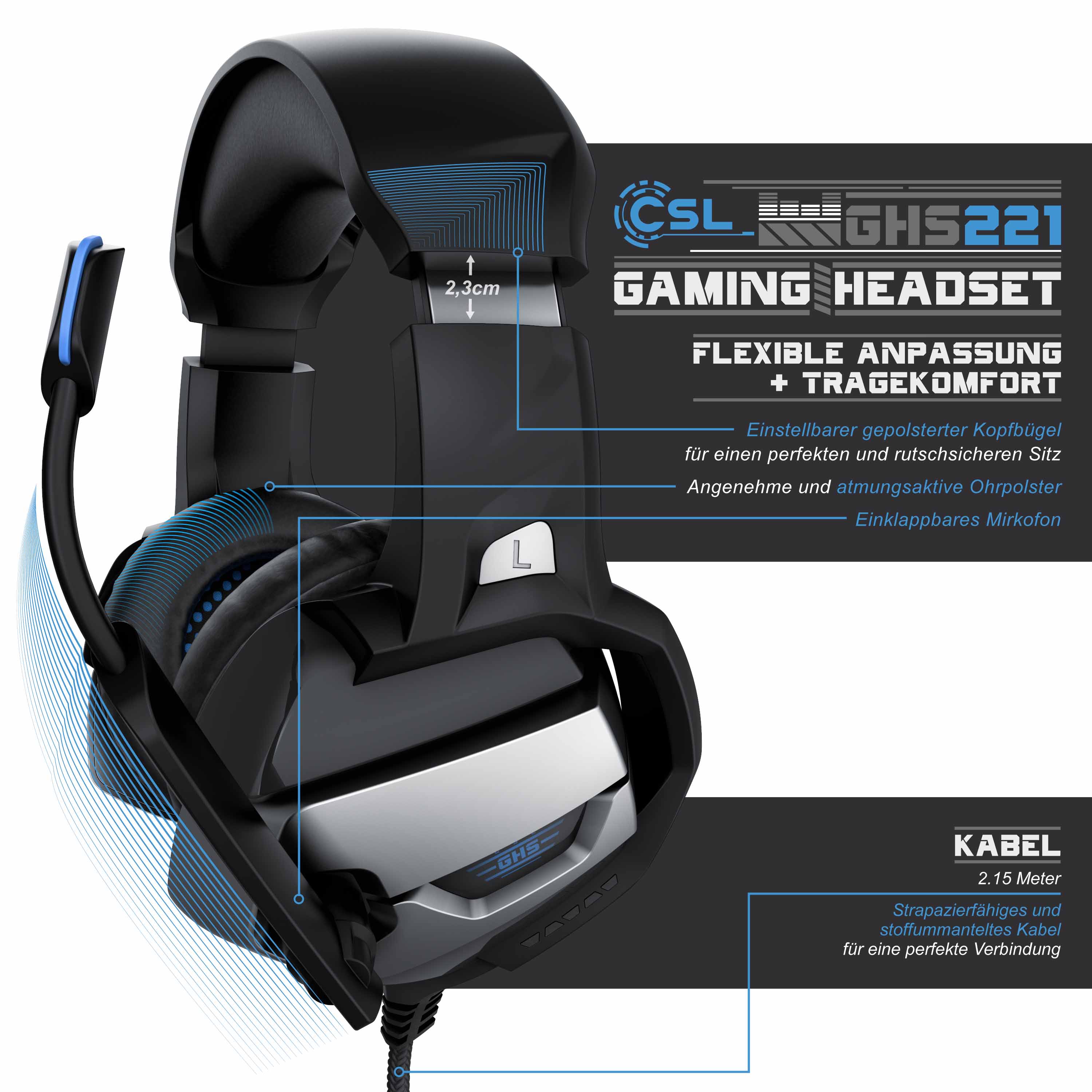 CSL Gaming Headset GHS-221 Mikrofon AUX geeignet für PC/ PS4/ PS4 Pro
