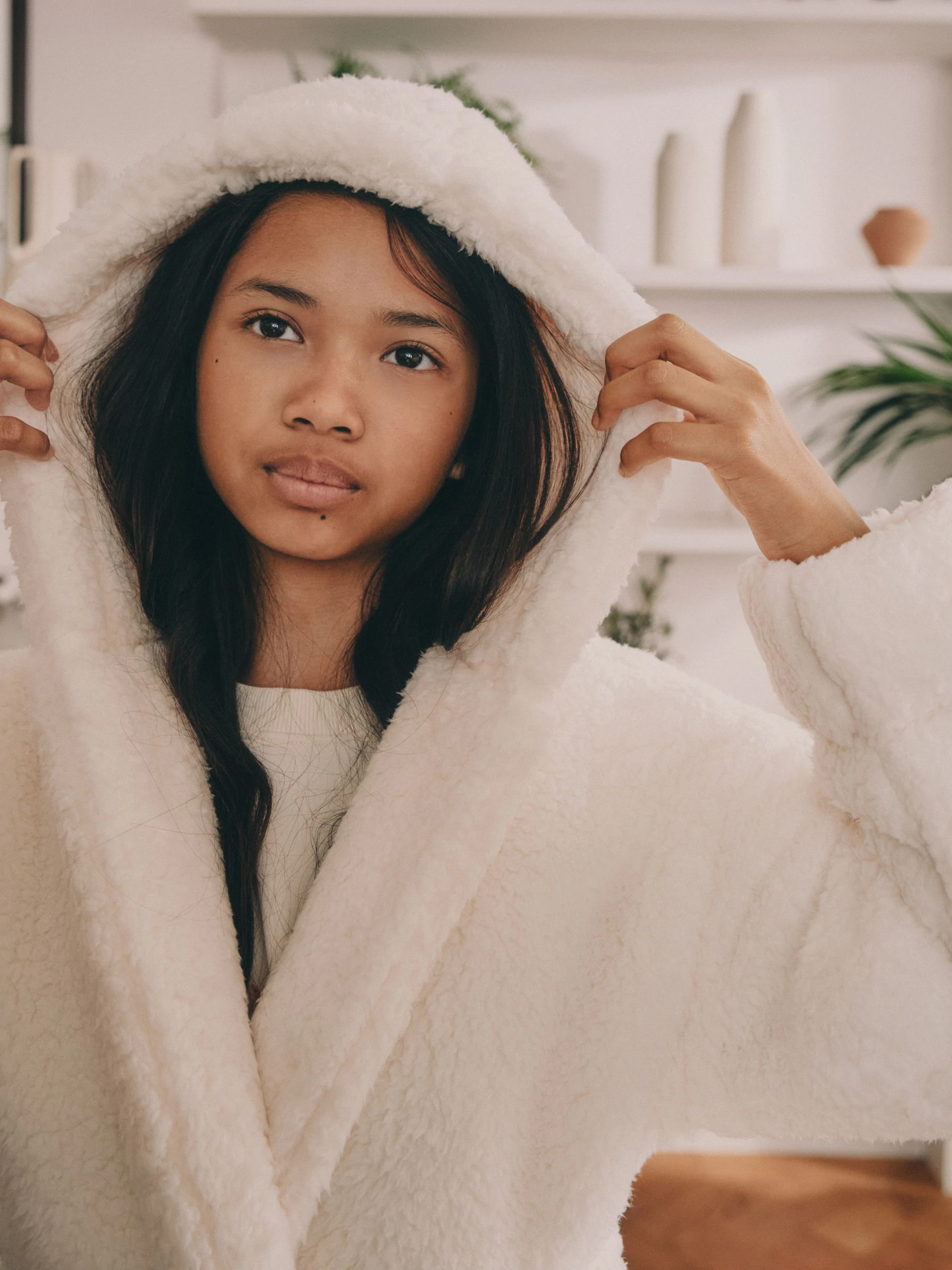 Crème - Badjas van teddyfleece met langere lengte (5-16jr)