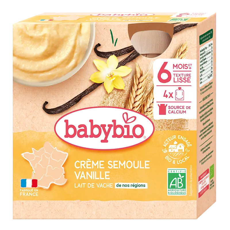 Desserts lactés bébé Crème Semoule Vanille - Pack de 4 gourdes de 85g