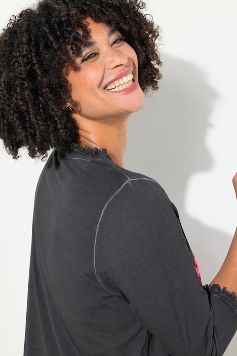 T-Shirt, A-Linie, Pailletten-Smiley, V-Ausschnitt, 3/4-Ärmel