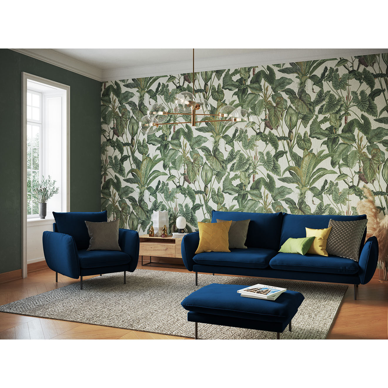 Cosmopolitan Design Fauteuil en Velours Vienna bleu roi - 95x92x95 cm