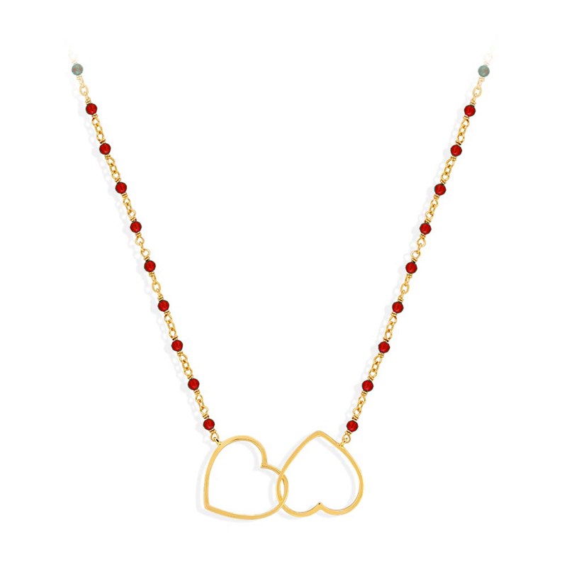 Collier Argent Doré Double Coeur Et Pierre Rouge