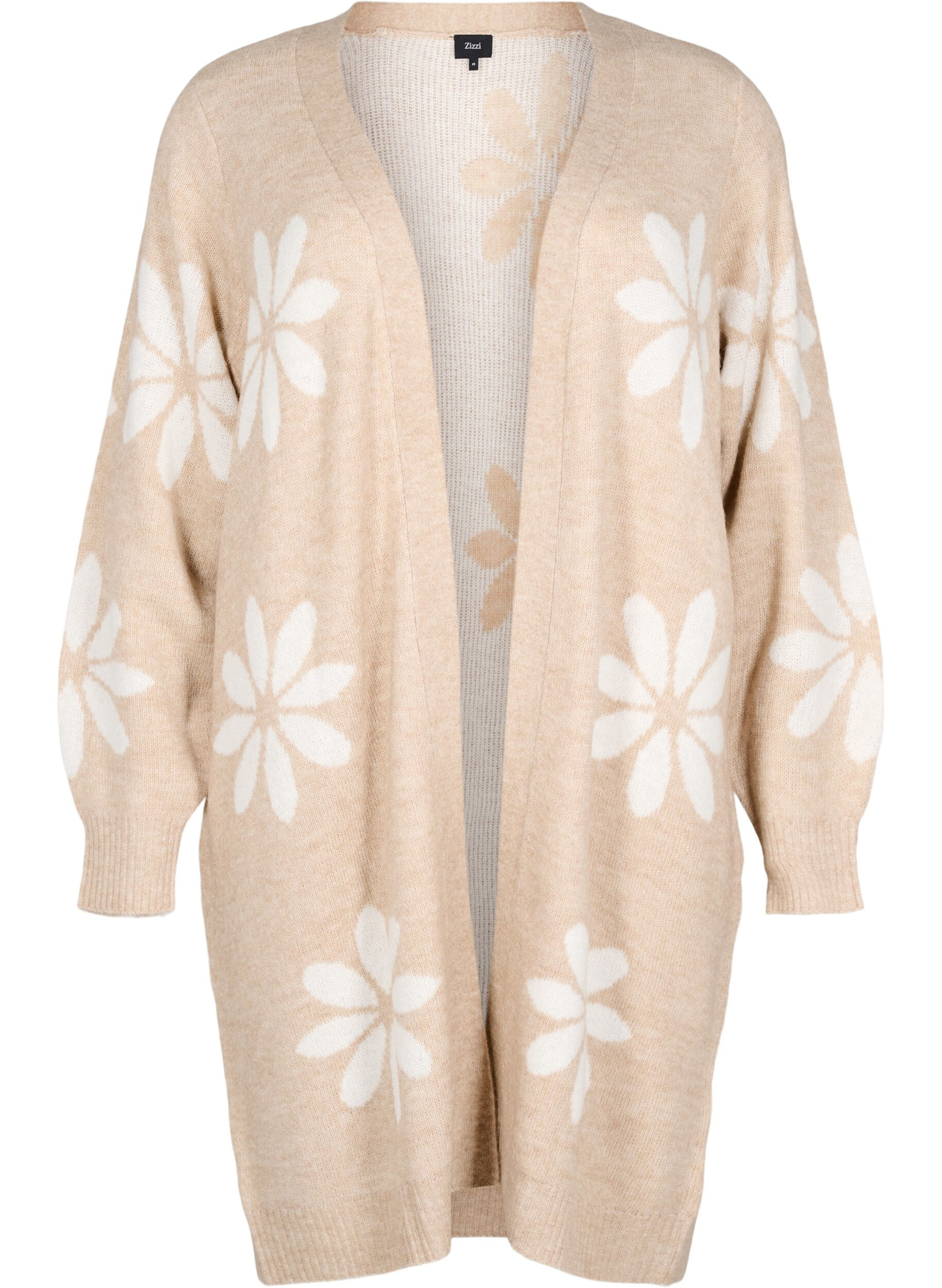 Lang strik cardigan med blomster