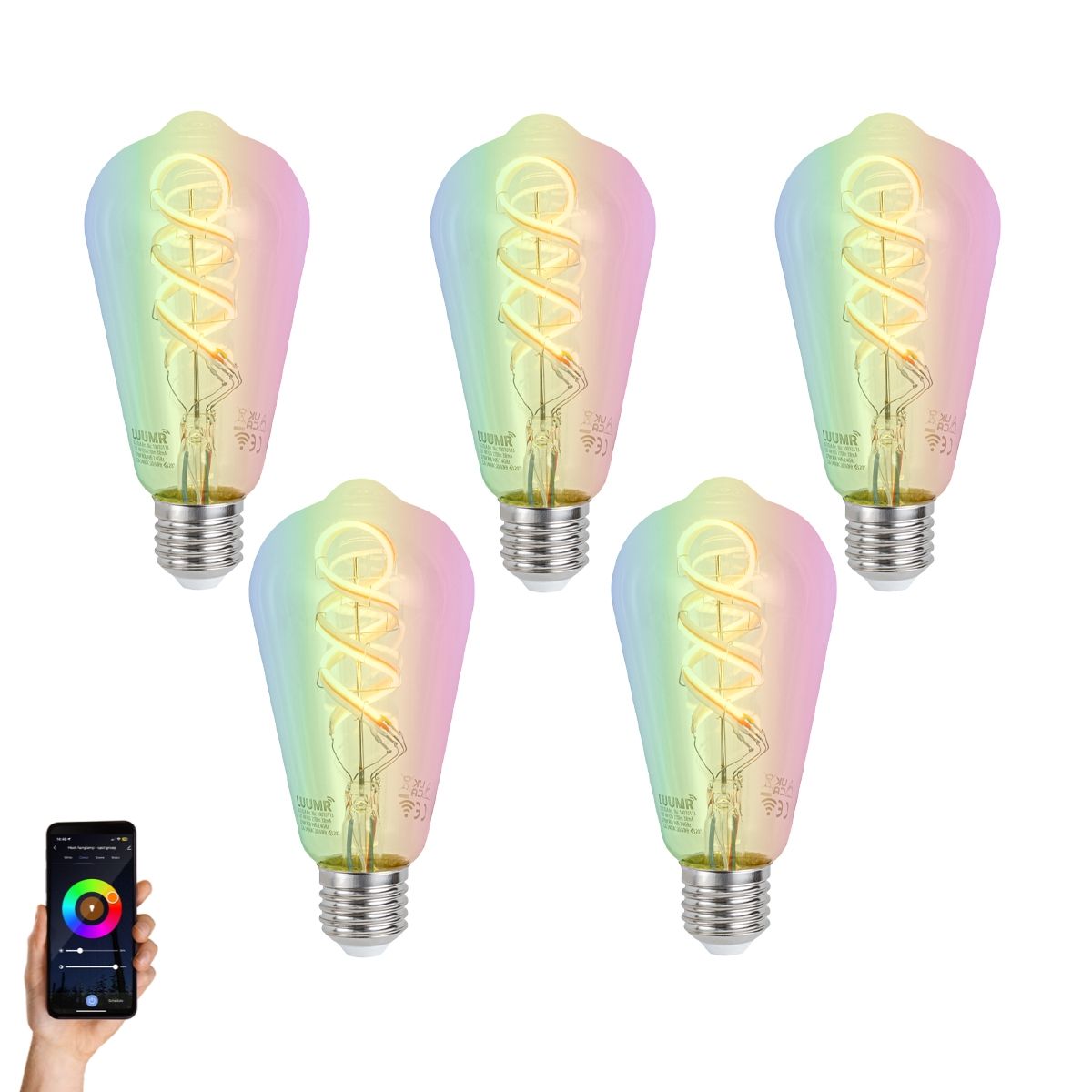Set van 5 Smart E27 dimbare LED lampen ST64 helder RGBW 4W 250 lm 2700K