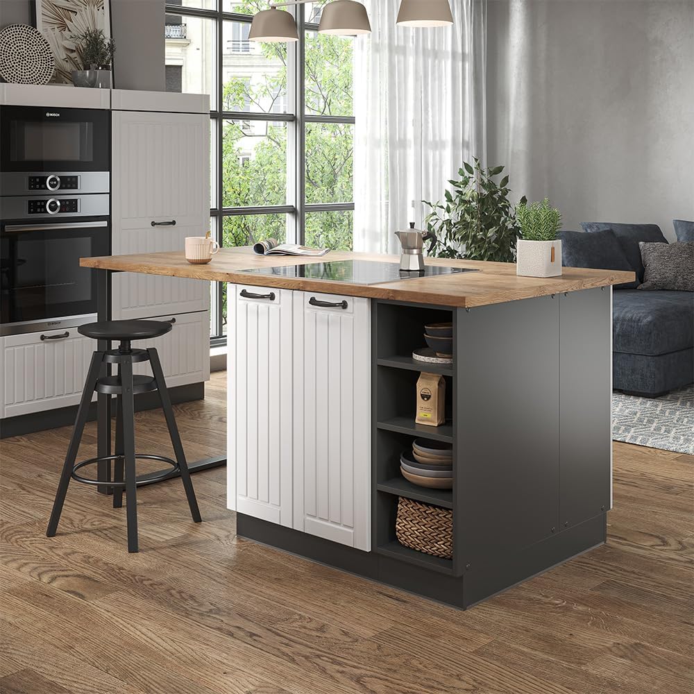 Vicco Kücheninsel Fame-Line, Weiß Landhaus/Anthrazit/Anthrazit, 90 cm ohne Arbeitsplatte
