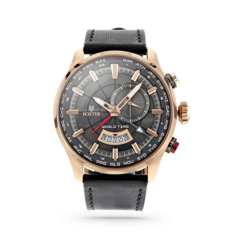 Montre Homme Foxter Avalone bracelet cuir noir, Boîtier Acier PVD Rose et fond gris - FR6043C1BC1