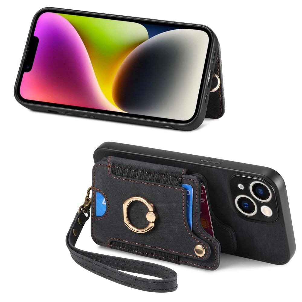 iPhone 14 Necklace Leder Hülle mit Kartenfächer   Finger Griff Halterung   Handykette (RFID Schutz) - Schwarz