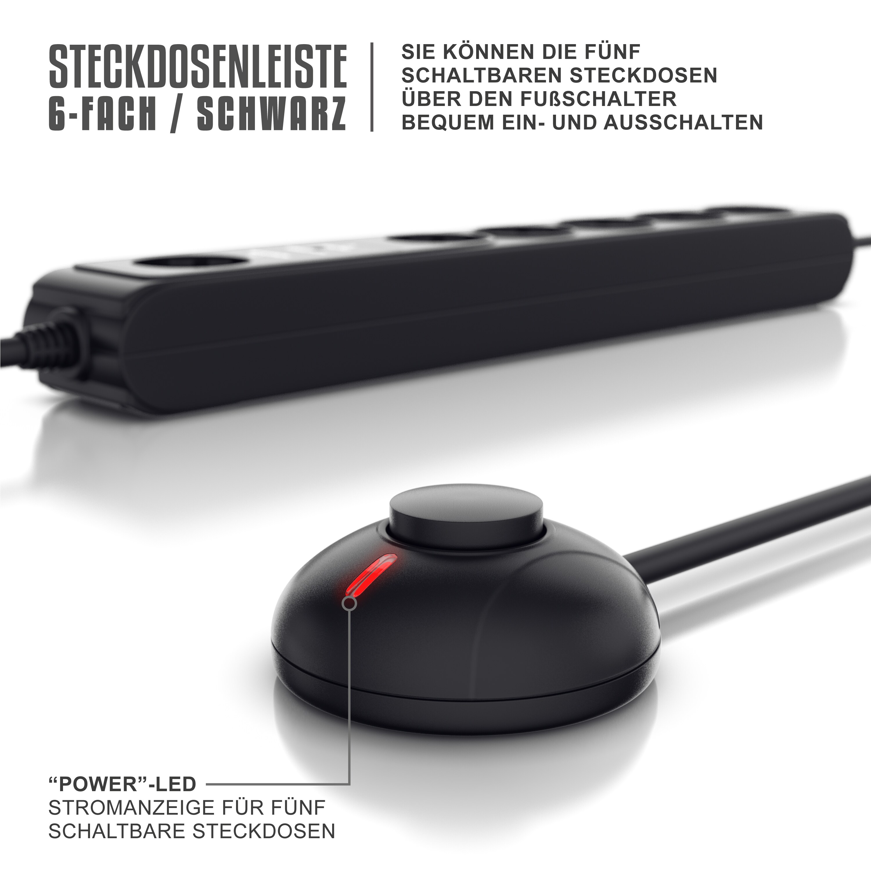 Arendo Steckdosenleiste Mehrfachsteckdose Steckerleiste 3680W, 6-fach