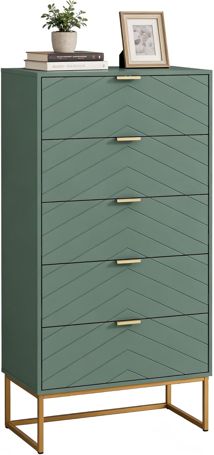 UEV Kommode mit 5 Schubladen Schrank Holz mit Kippsicherung Metallfuß Highboard Sideboard Schmal kommode Beistellschrank für Wohnzimmer Schlafzimmer,Flur 60x34x110cm (grün)
