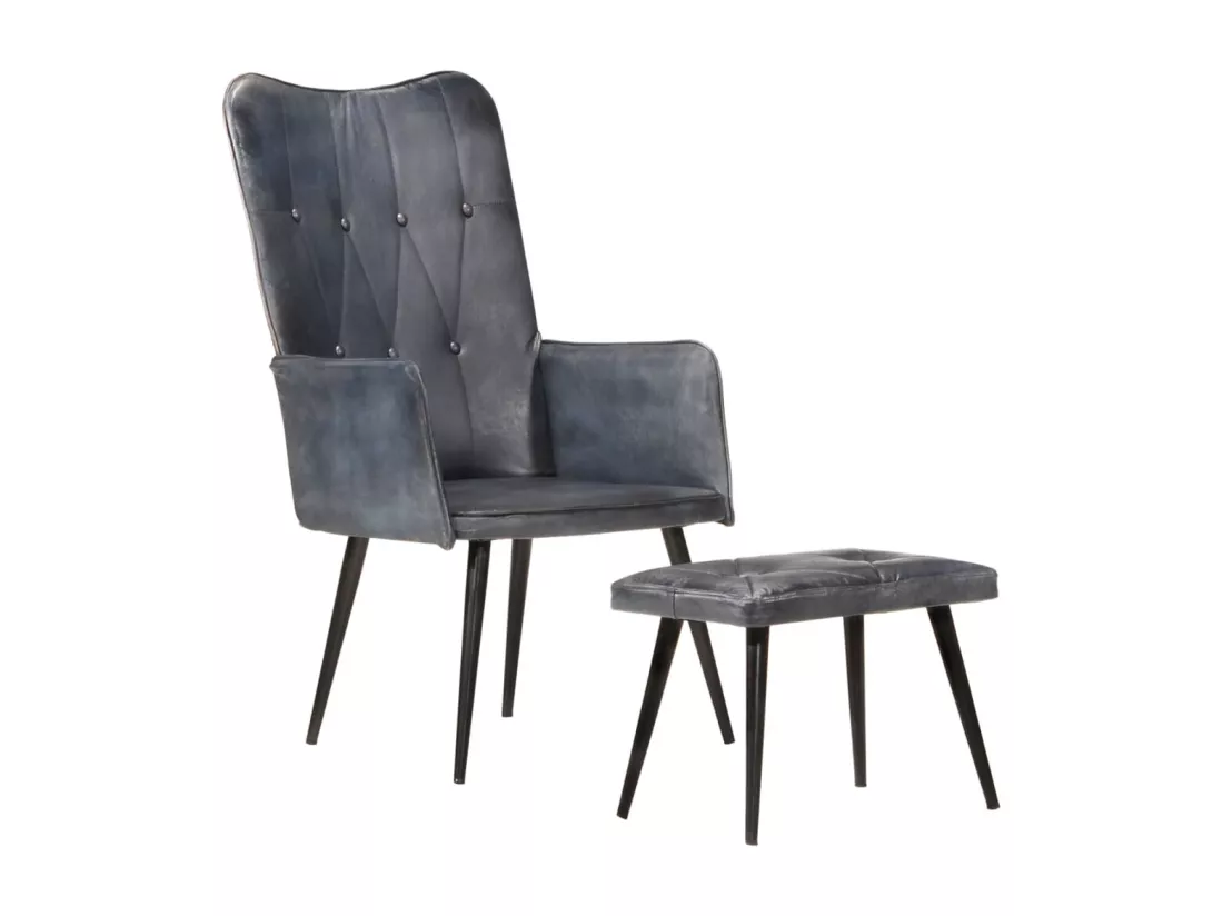 Fauteuil à oreilles avec repose-pied Gris Cuir véritable