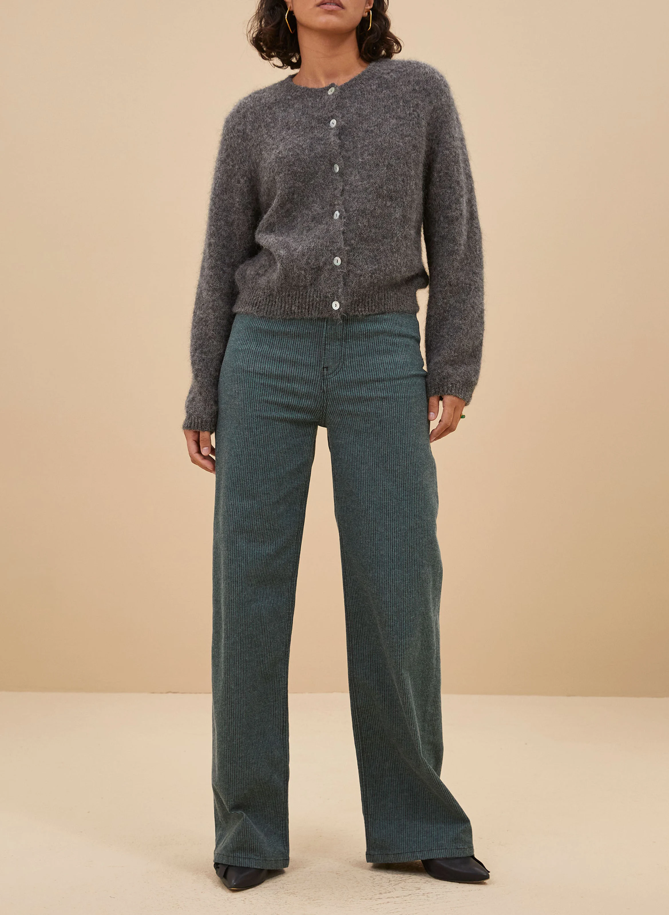 LINA - Pantalon large rayé en coton mélangé | Vert