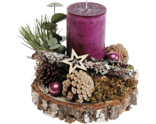 Adventsbloemstuk, tafelstuk, Ø 19 cm, H ca. 17 cm, berkenhouten schijf, incl. 1 trendy braamkaars