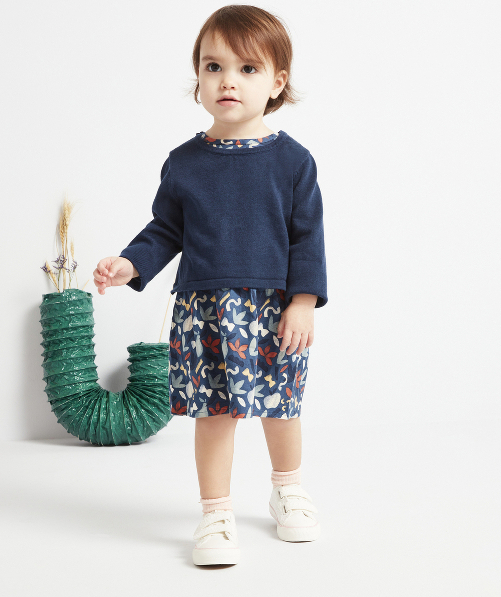 ROBE BI-MATIÈRE BÉBÉ FILLE BLEU MARINE ET IMPRIMÉE