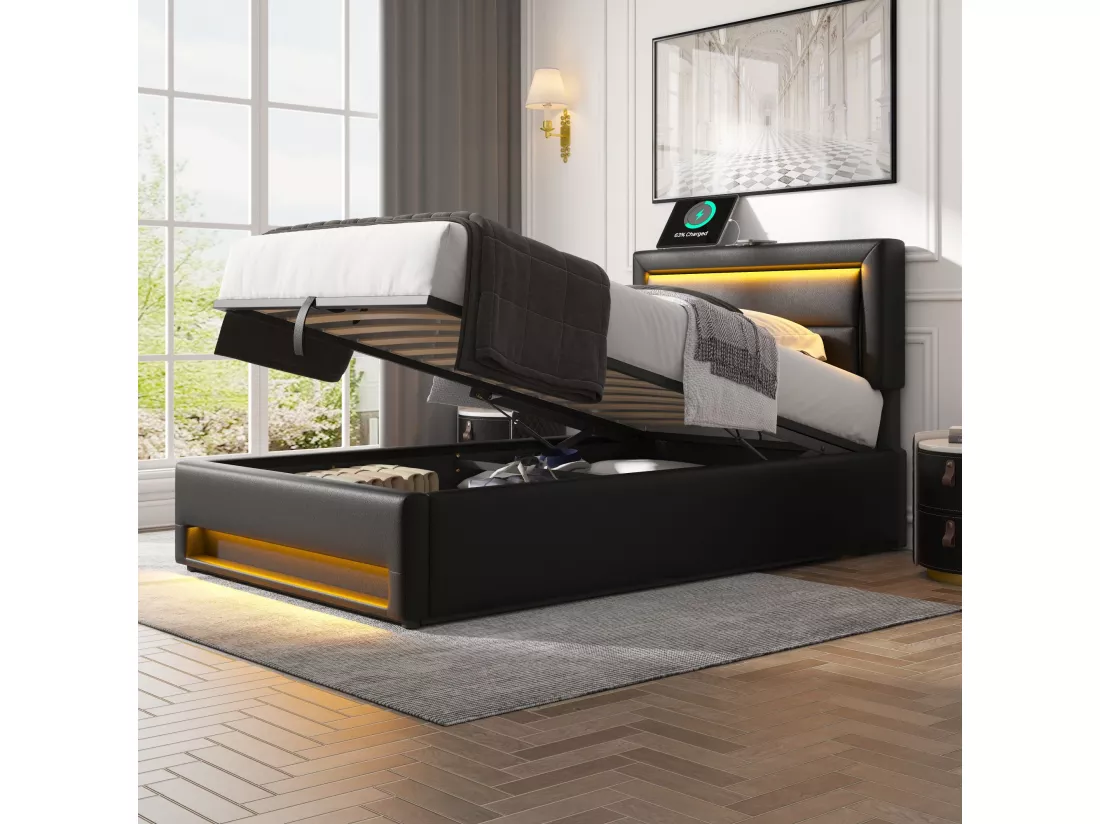 Lit coffre 90 x 200 cm avec tête de lit - Prises USB et LEDs - Cuir PU - Sommier à lattes - Noir(sans matelas)