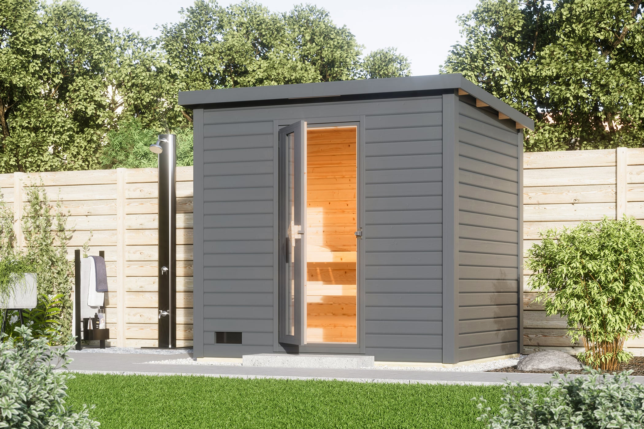 Karibu Saunahaus 38mm Melo 3 Ofen 9 kW integr. Strg terragrau