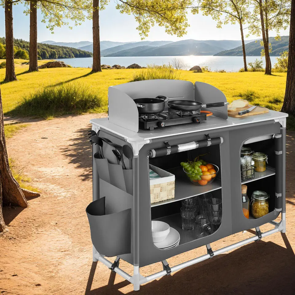 tectake - Campingkeuken 116x52x107cm, Grijs