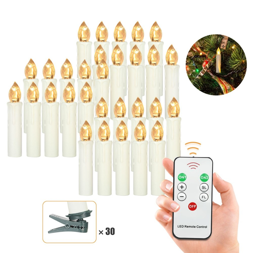 (30er Set) 10cm LED Weihnachtsbaum Kerzen Christbaum Beleuchtung inkl. Fernbedienung (Batteriebetrieben) - Warmweiss