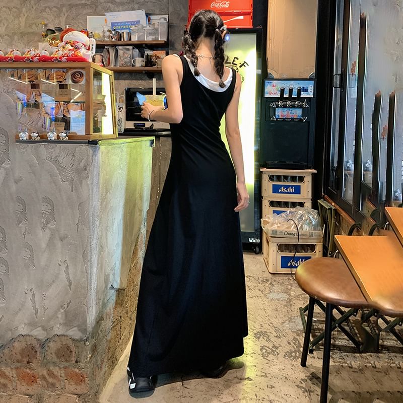 Litoya - Henley Two Tone Mock Two-Piece Maxi Tank Dress