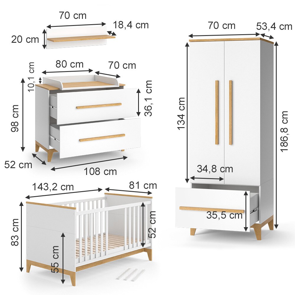 VitaliSpa Babymöbel Set Malia Weiß Eiche Wickelkommode Wandregal Kinderbett Kleiderschrank Kinderzimmermöbel Wickelauflage Aufbewahrung Lattenrost Rausfallschutz Kleiderstange