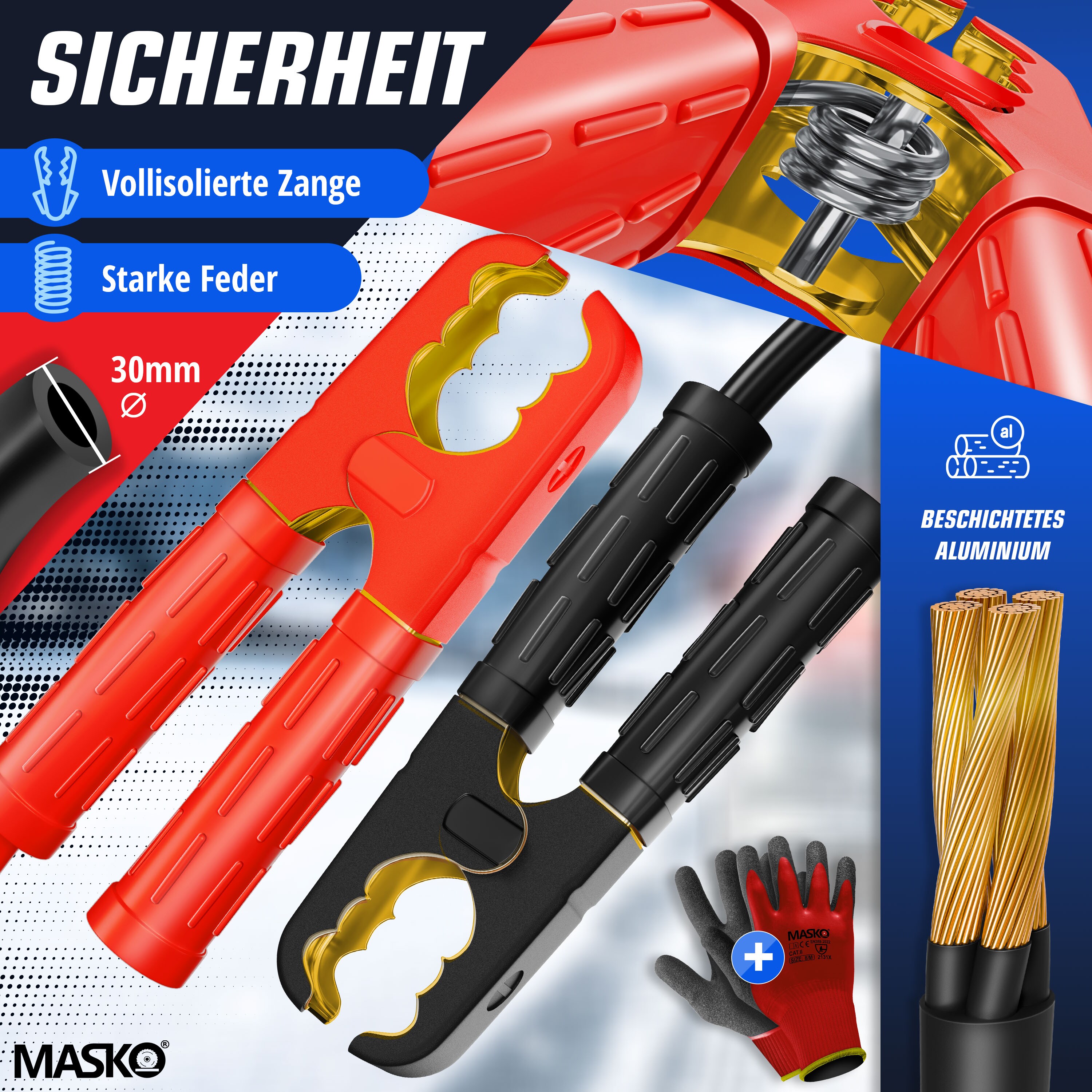 MASKO® Starthilfekabel Überbrückungskabel für Benzin- und Dieselmotoren, 6/12/24 Volt. Auto Motorrad Starterkabel aus Kupfer inkl. Handschuhe und Tragetasche (25mm² 1200A / 30mm² 1500A)